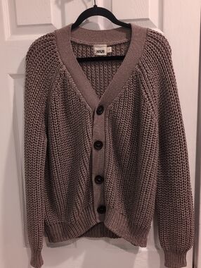 Nui Chunky Taupe Button-Up Knit Cardigan